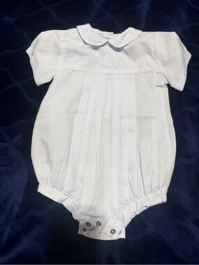Petit Ami Lt Blue Peter Pan Collar Baby One-Piece with Subtle Embroidery